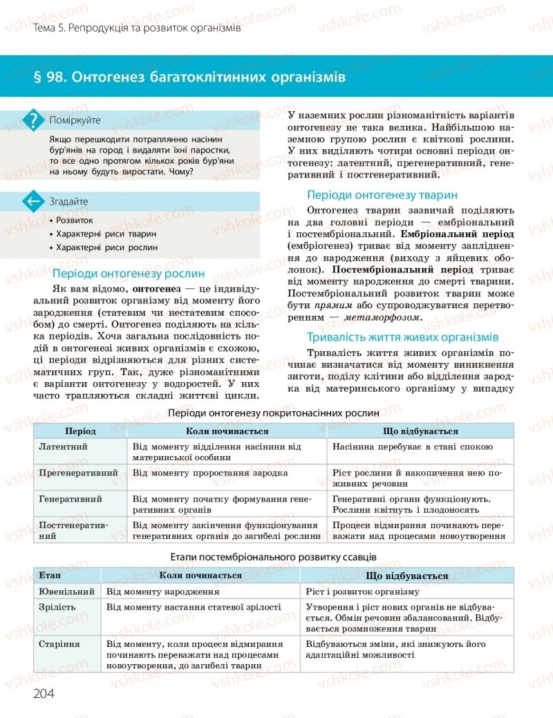 Страница 204 | Підручник Біологія 10 клас К.М. Задорожний, О.М. Утєвська 2018