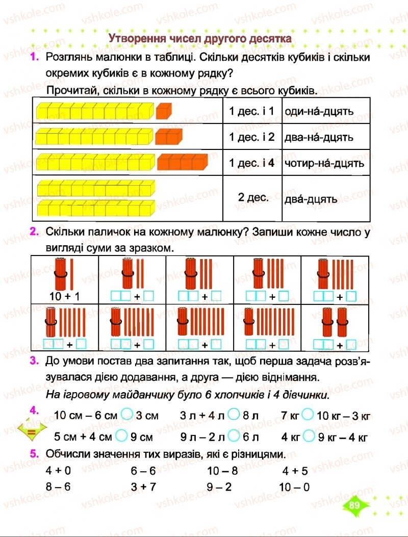 Страница 89 | Підручник Математика 1 клас О.П. Корчевська, М.В. Козак 2018