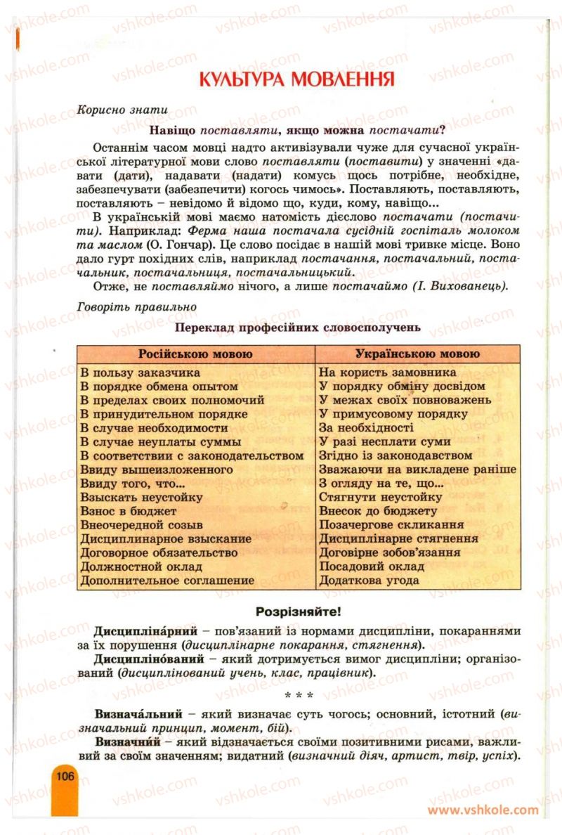 Страница 106 | Підручник Українська мова 11 клас О.В. Заболотний, В.В. Заболотний 2012