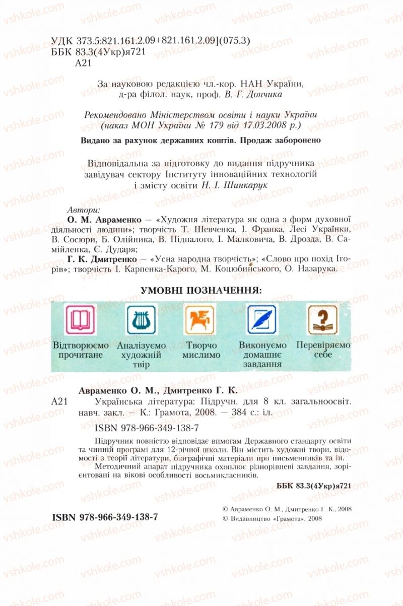 Страница 2 | Підручник Українська література 8 клас О.М. Авраменко, Г.К. Дмитренко 2008