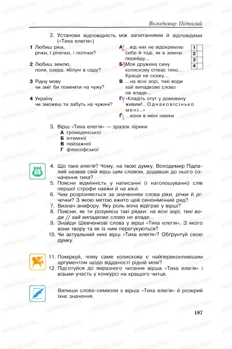 Страница 187 | Підручник Українська література 8 клас О.М. Авраменко, Г.К. Дмитренко 2008