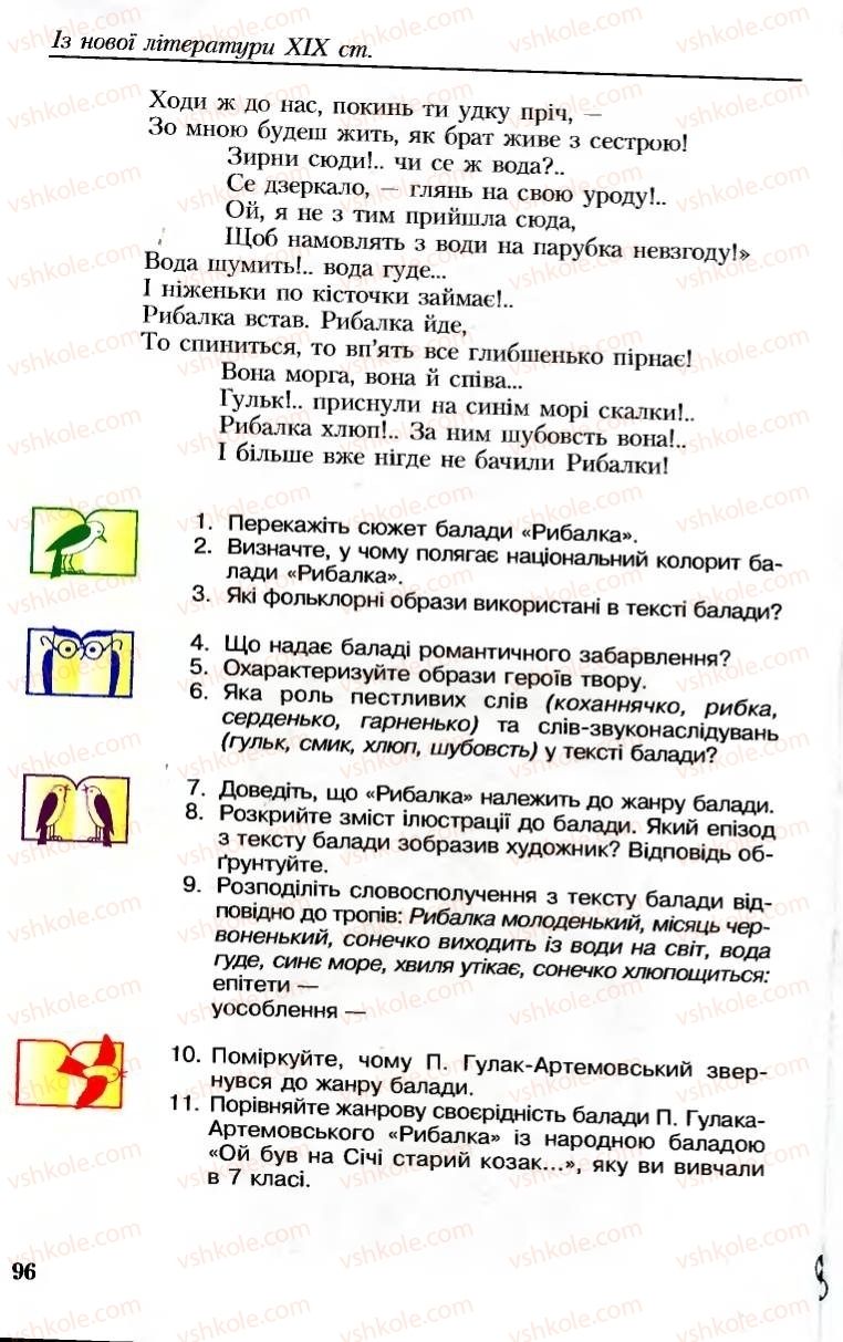 Страница 96 | Підручник Українська література 8 клас М.М. Сулима, К.Н. Баліна, І.А. Тригуб 2008