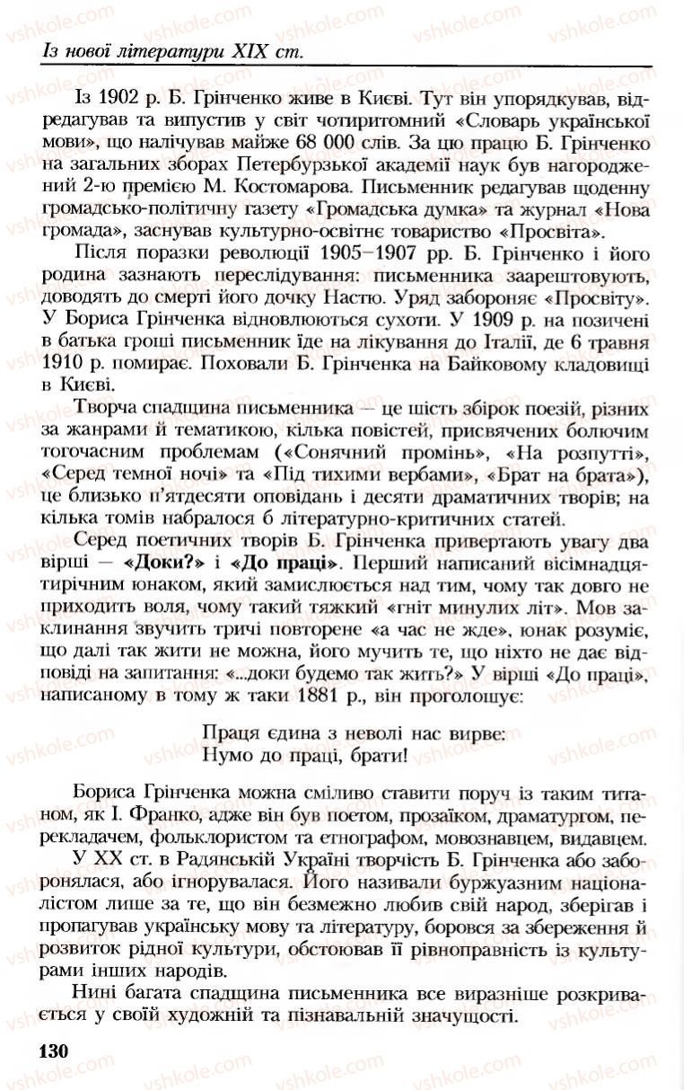 Страница 130 | Підручник Українська література 8 клас М.М. Сулима, К.Н. Баліна, І.А. Тригуб 2008