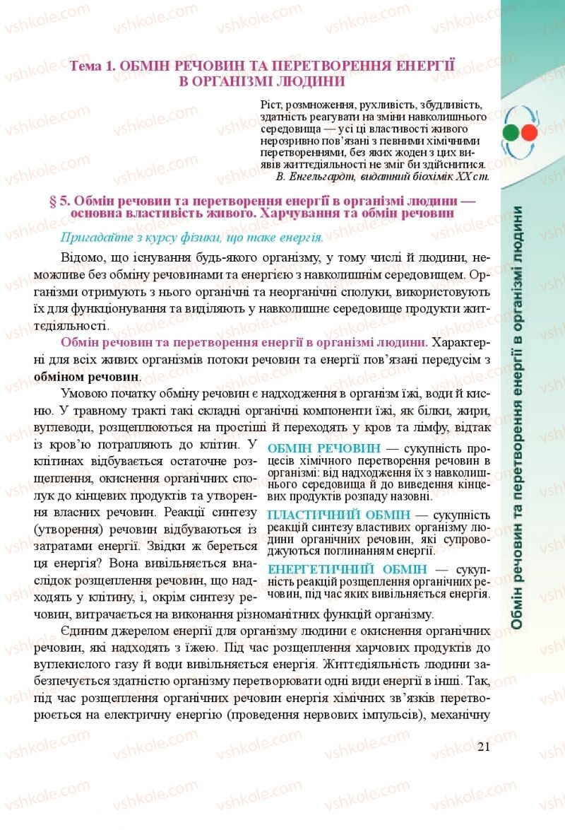 Страница 21 | Підручник Біологія 8 клас Н.Й. Міщук, Г.Я. Жирська, А.В. Степанюк, Л.С. Барна 2016