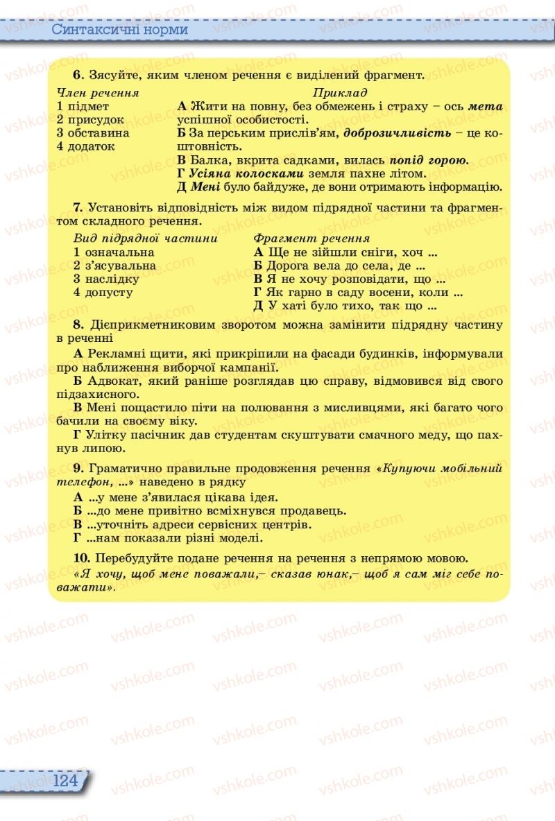 Страница 124 | Підручник Українська мова 10 клас О.В. Заболотний, В.В. Заболотний 2018 На російській мові