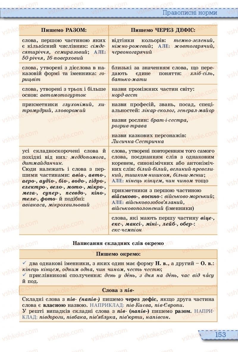 Страница 153 | Підручник Українська мова 10 клас О.В. Заболотний, В.В. Заболотний 2018 На російській мові