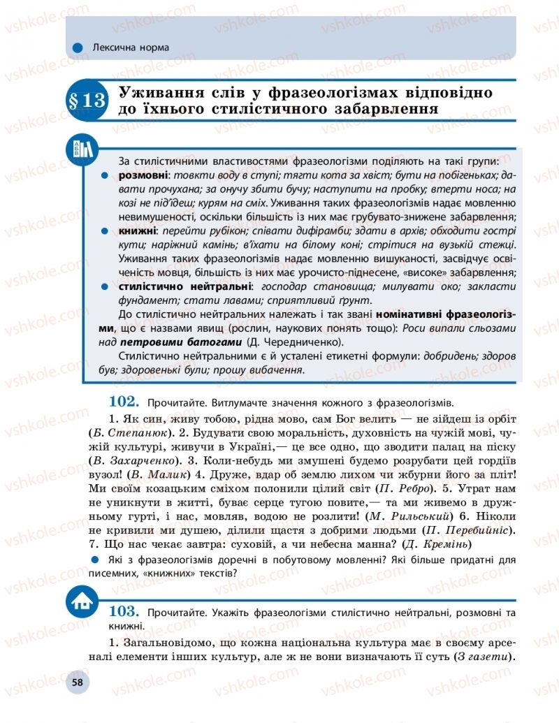 Страница 58 | Підручник Українська мова 10 клас О.П. Глазова 2018