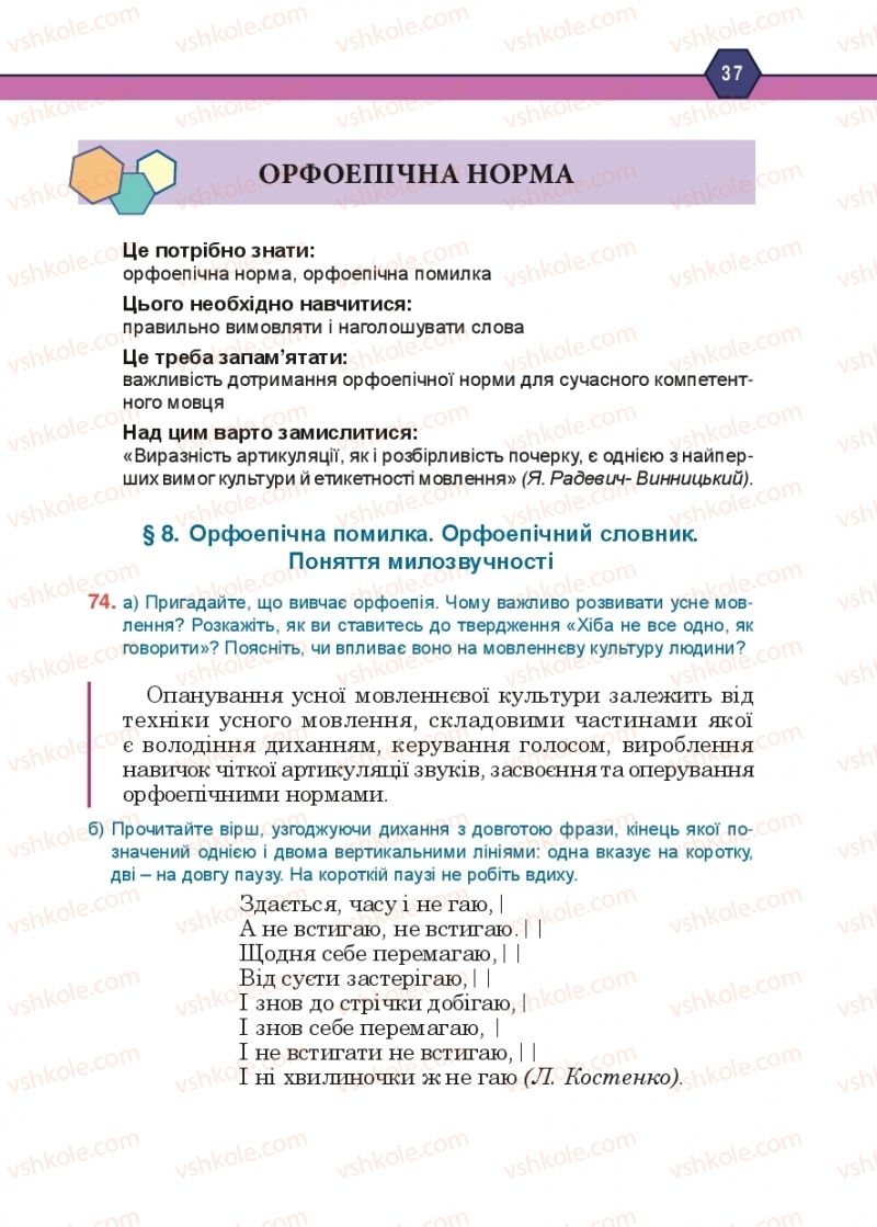 Страница 37 | Підручник Українська мова 10 клас Н.М. Тушніцка, М.Б. Пилип 2018