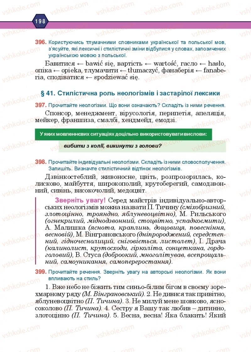 Страница 198 | Підручник Українська мова 10 клас Н.М. Тушніцка, М.Б. Пилип 2018